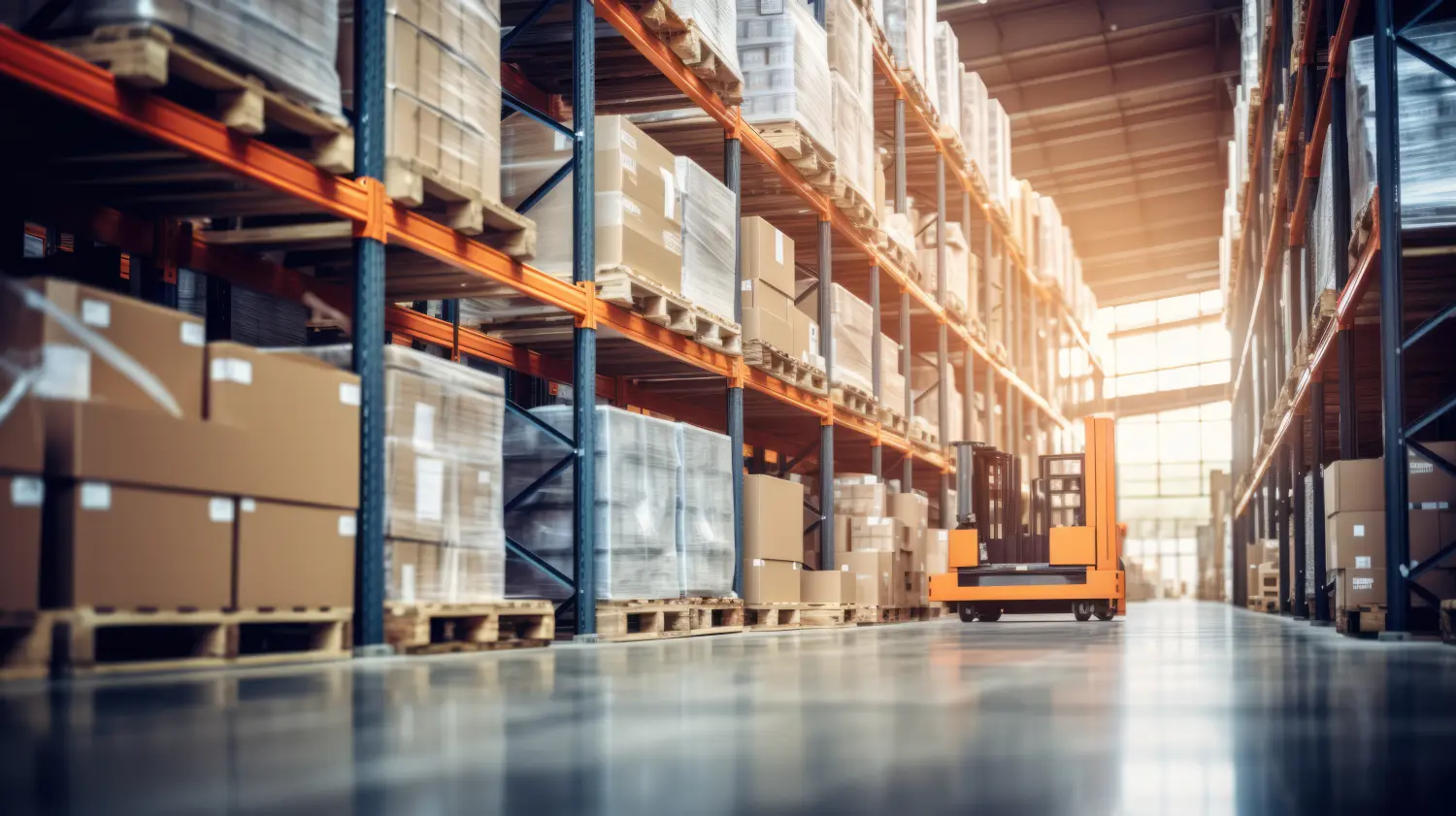 Einzelhandelslager voller Regale mit Waren in Kartons, mit Paletten und Gabelstaplern