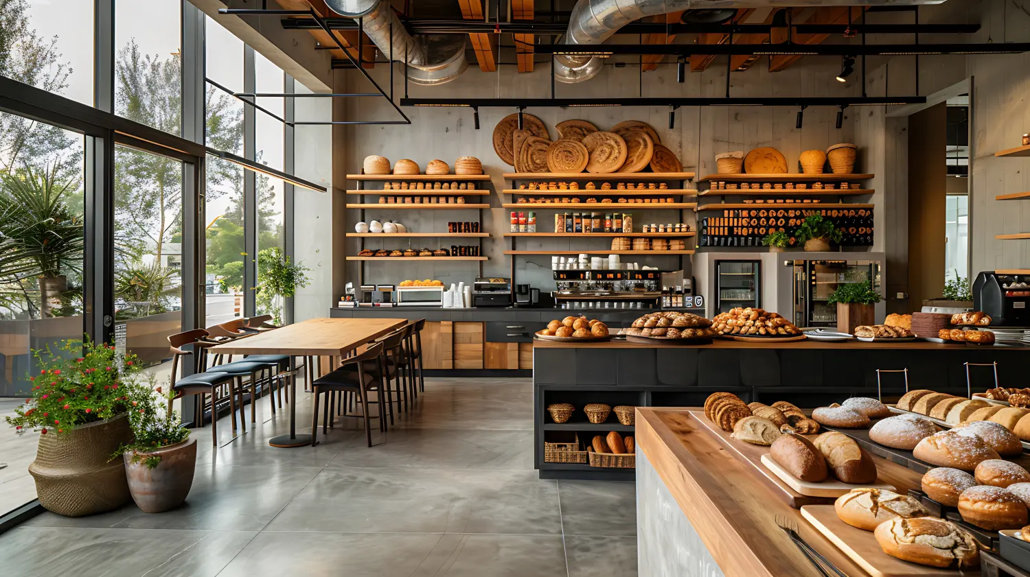 Büro im Stil einer handwerklichen Bäckerei mit Café-Sitzgelegenheiten und frisch gebackenen Waren, großflächiges Arbeitsplatzdesign